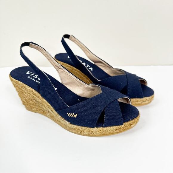 Viscata Calella Wedge Sandals Womens 36 Navy Blue Slingback Espadrilles - Picture 3 of 13